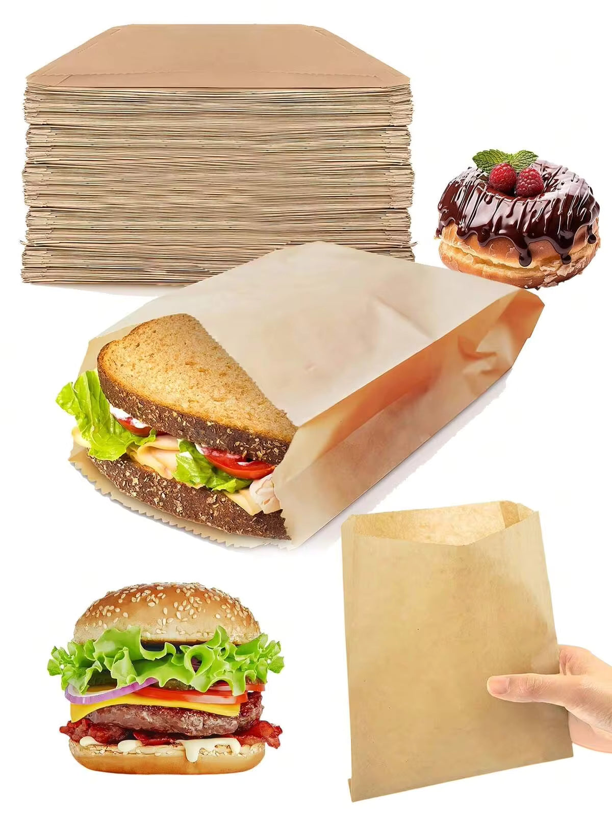 100/50/20pcs Kraft Paper Sandwich Bags, Greaseproof Disposable Food Bags, Suitable For Burgers, Desserts, Fried Chicken | Leak-Proof Snack Packaging, Suitable For Parties, Catering, Food Trucks | Wedding Birthday