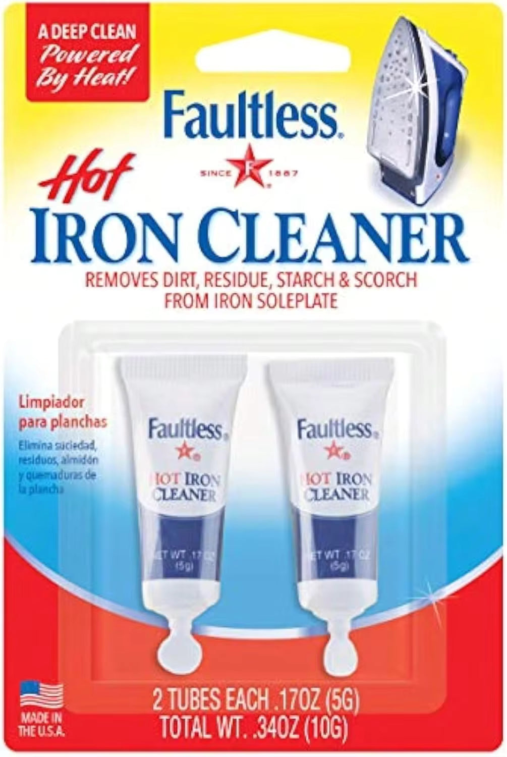 FAULTLESS Hot Iron Cleaner, Steam Iron Cleaner, Removes Melted Fabrics, Glue, Hard Water, Lime Deposits &Amp; Starch - 2 X 017 Oz Tubes Blister Packs