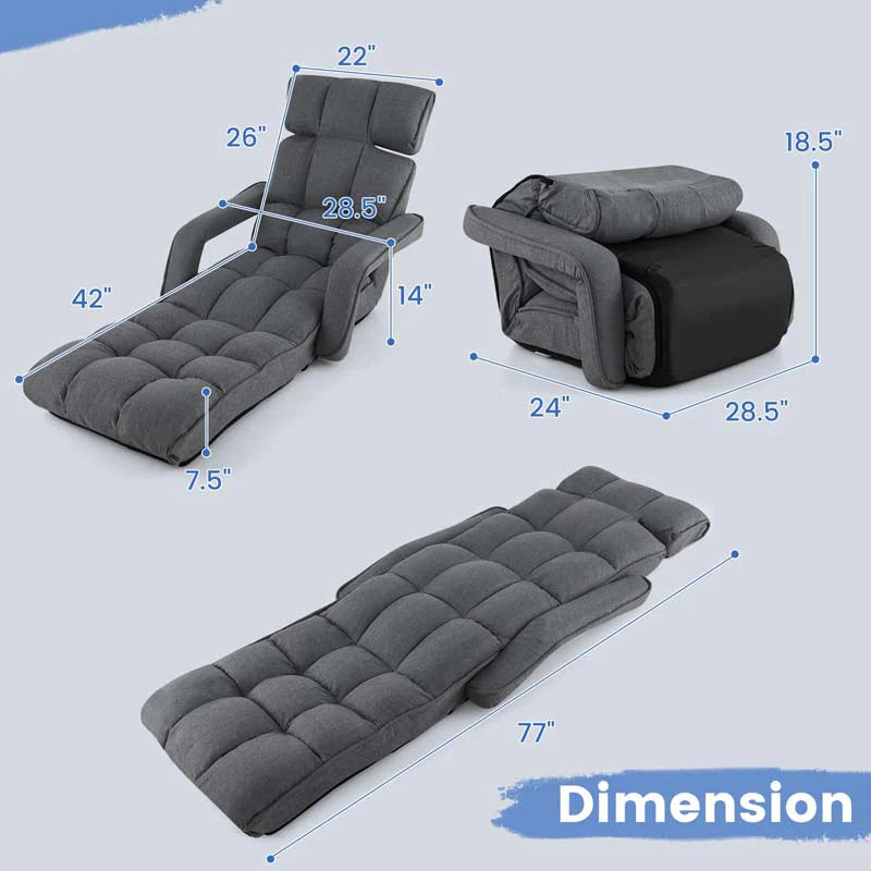 6-Position Adjustable Floor Sofa Bed, Folding Lazy Sofa Chaise Lounger Recliner with Armrests & Footrests for Living Room, Bedroom & Gaming