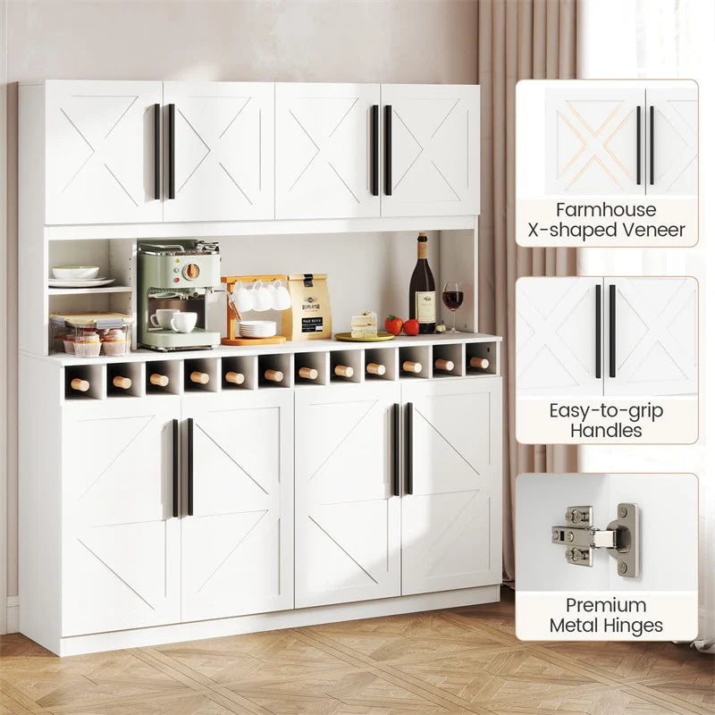 70" Farmhouse Pantry Cabinet, Kitchen Buffet Hutch with 12-Bottle Wine Rack, 8-Door Storage Cupboard, Large Countertop & Adjustable Shelves