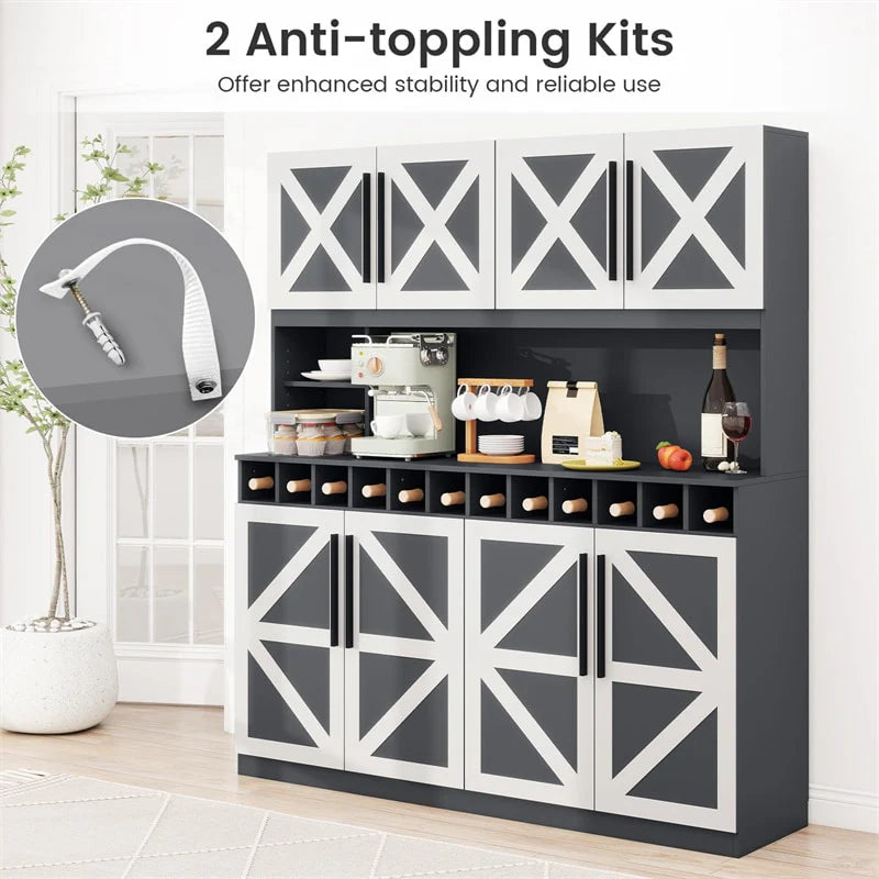 70" Farmhouse Pantry Cabinet, Kitchen Buffet Hutch with 12-Bottle Wine Rack, 8-Door Storage Cupboard, Large Countertop & Adjustable Shelves