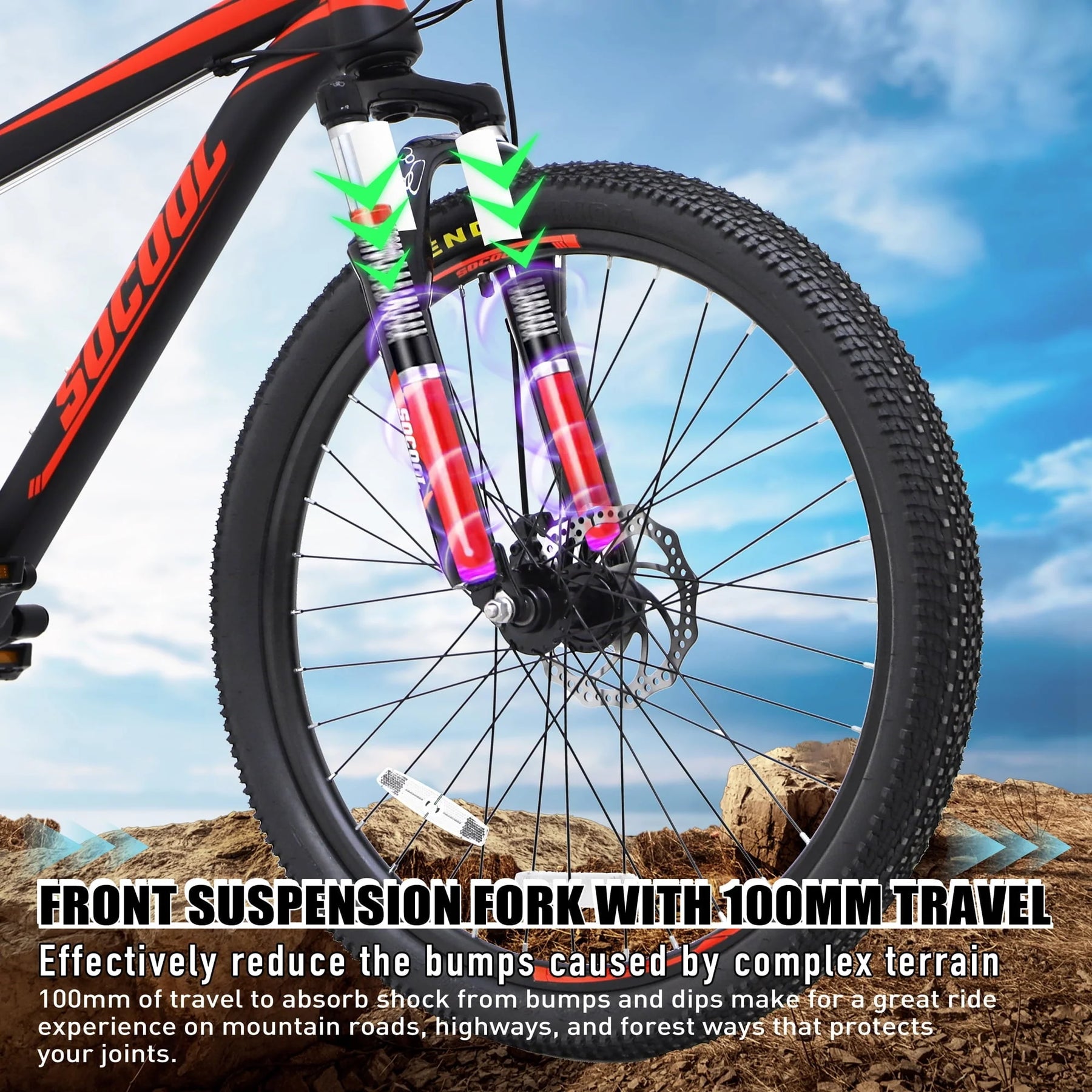 26" MTB Mountain Bike, Hardtail Bicycle for Mens Womens, Suspension Fork and Dual Disc Brake, 17" Frame, Stainless Steel Frame, 21 Speed Shimano - Black & Red