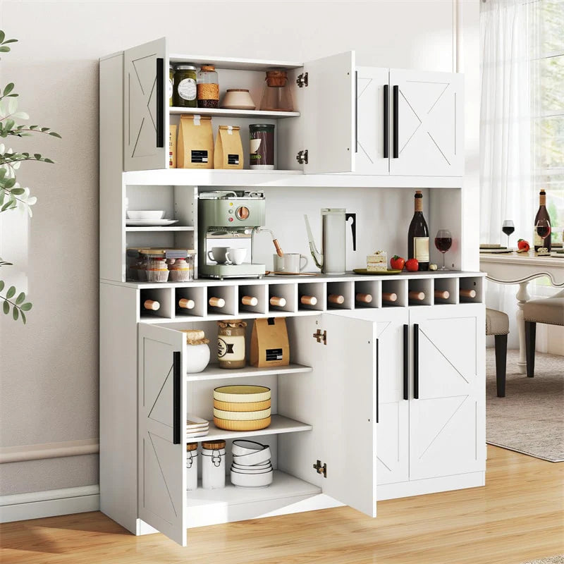 70" Farmhouse Pantry Cabinet, Kitchen Buffet Hutch with 12-Bottle Wine Rack, 8-Door Storage Cupboard, Large Countertop & Adjustable Shelves