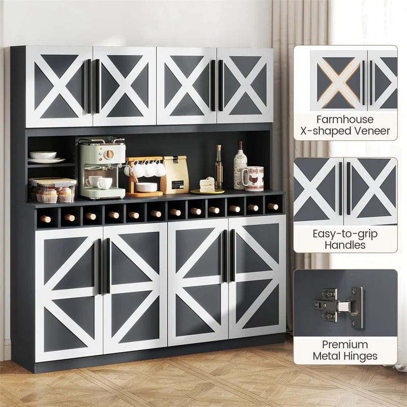 70" Farmhouse Pantry Cabinet, Kitchen Buffet Hutch with 12-Bottle Wine Rack, 8-Door Storage Cupboard, Large Countertop & Adjustable Shelves