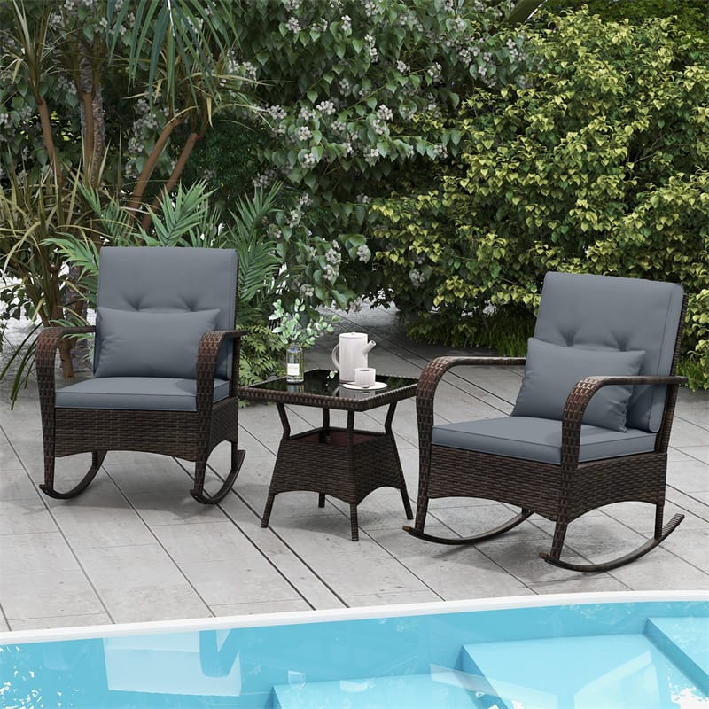 3-Piece Outdoor Wicker Rocking Chair Set, Rattan Bistro Rocker Furniture with Cushions & Pillows, Tempered Glass Coffee Table for Porch Balcony