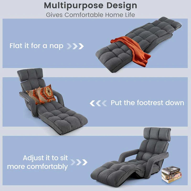 6-Position Adjustable Floor Sofa Bed, Folding Lazy Sofa Chaise Lounger Recliner with Armrests & Footrests for Living Room, Bedroom & Gaming