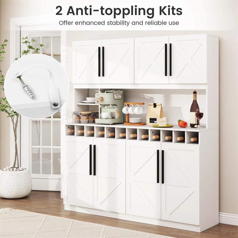 70" Farmhouse Pantry Cabinet, Kitchen Buffet Hutch with 12-Bottle Wine Rack, 8-Door Storage Cupboard, Large Countertop & Adjustable Shelves