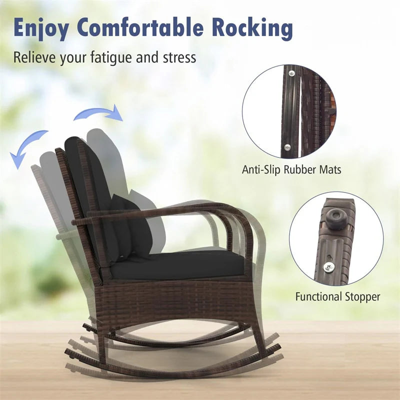 3-Piece Outdoor Wicker Rocking Chair Set, Rattan Bistro Rocker Furniture with Cushions & Pillows, Tempered Glass Coffee Table for Porch Balcony