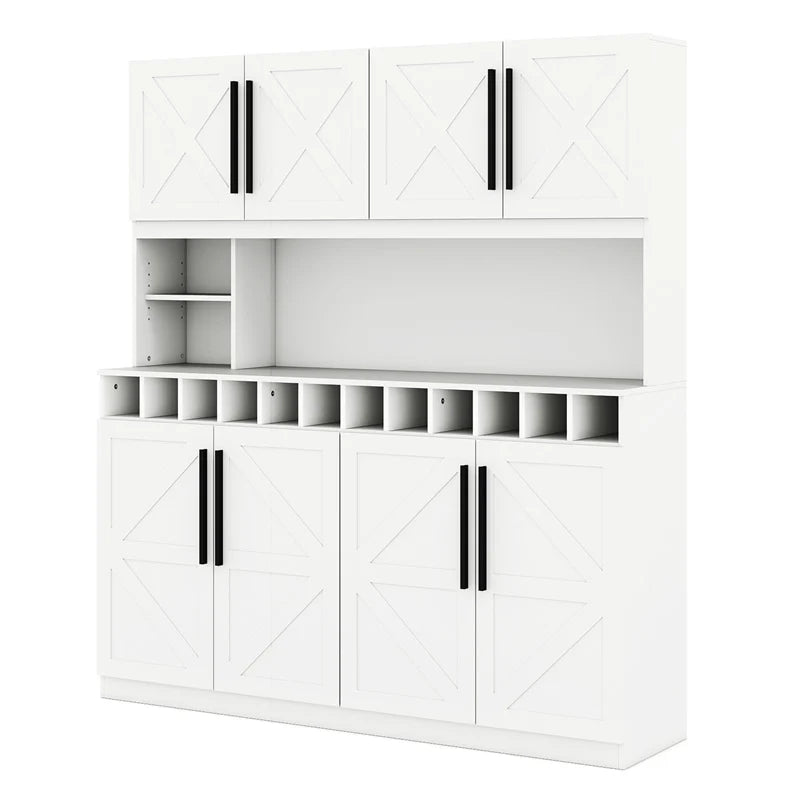 70" Farmhouse Pantry Cabinet, Kitchen Buffet Hutch with 12-Bottle Wine Rack, 8-Door Storage Cupboard, Large Countertop & Adjustable Shelves