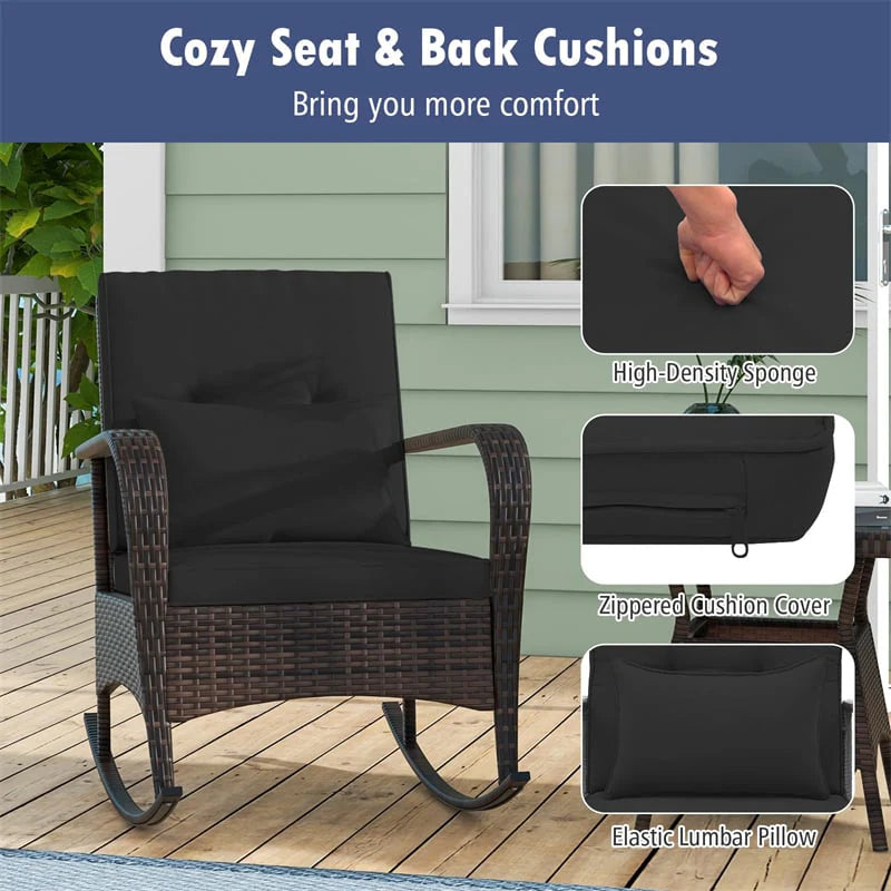 3-Piece Outdoor Wicker Rocking Chair Set, Rattan Bistro Rocker Furniture with Cushions & Pillows, Tempered Glass Coffee Table for Porch Balcony