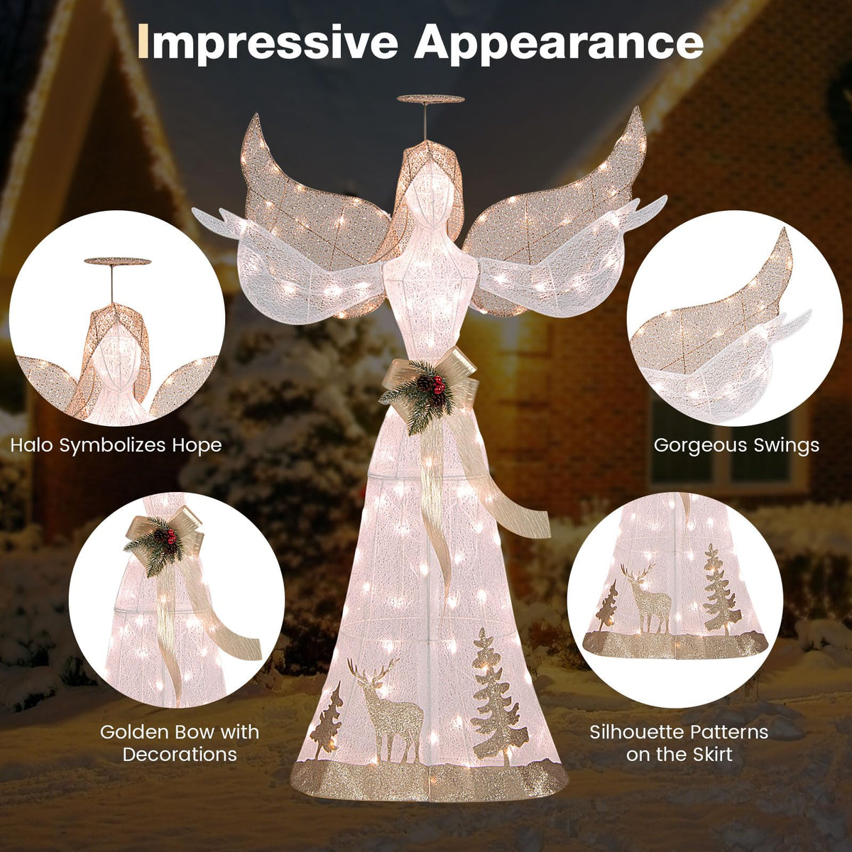 Tangkula 5 FT Lighted Christmas Angel, Outdoor Pre-lit 3D Glittered Angel with 100 Warm White Lights