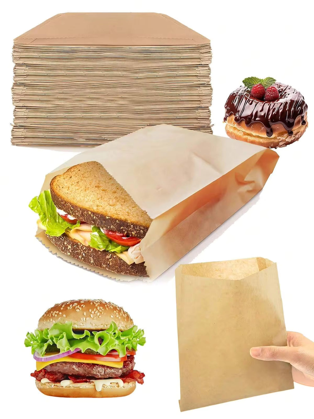100/50/20pcs Kraft Paper Sandwich Bags, Greaseproof Disposable Food Bags, Suitable For Burgers, Desserts, Fried Chicken | Leak-Proof Snack Packaging, Suitable For Parties, Catering, Food Trucks | Wedding Birthday