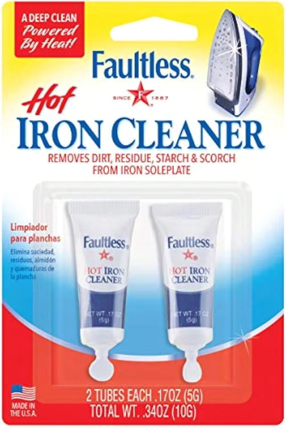 FAULTLESS Hot Iron Cleaner,  Steam Iron Cleaner, Removes Melted Fabrics, Glue, Hard Water, Lime Deposits &Amp; Starch - 2 X 017 Oz Tubes Blister Packs