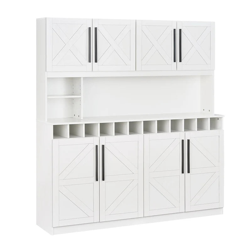 70" Farmhouse Pantry Cabinet, Kitchen Buffet Hutch with 12-Bottle Wine Rack, 8-Door Storage Cupboard, Large Countertop & Adjustable Shelves