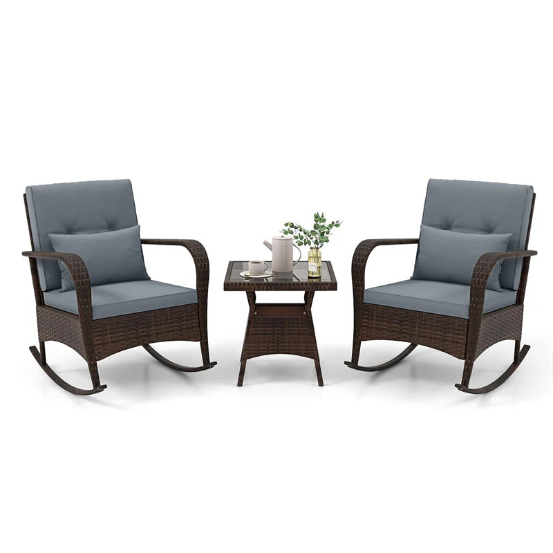 3-Piece Outdoor Wicker Rocking Chair Set, Rattan Bistro Rocker Furniture with Cushions & Pillows, Tempered Glass Coffee Table for Porch Balcony