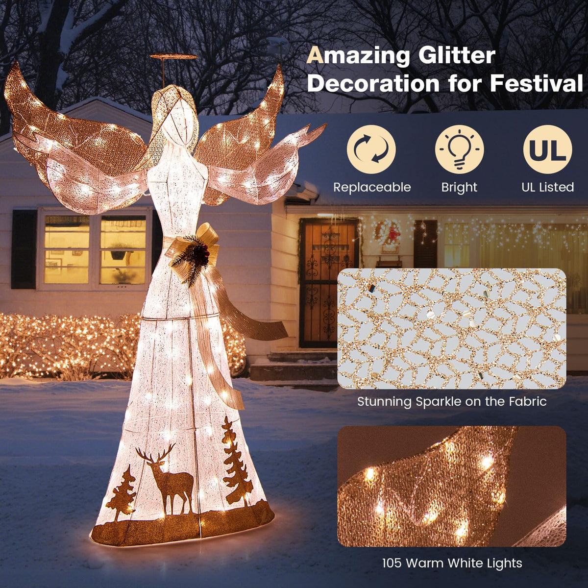 Tangkula 5 FT Lighted Christmas Angel, Outdoor Pre-lit 3D Glittered Angel with 100 Warm White Lights