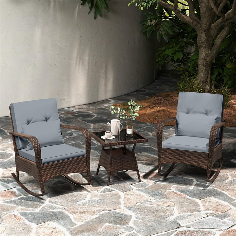 3-Piece Outdoor Wicker Rocking Chair Set, Rattan Bistro Rocker Furniture with Cushions & Pillows, Tempered Glass Coffee Table for Porch Balcony