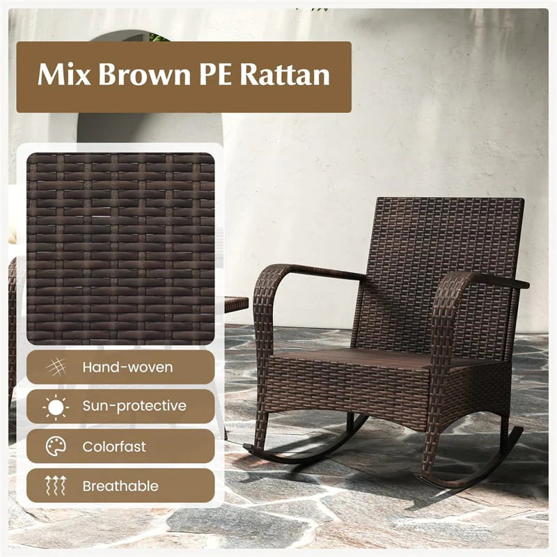 3-Piece Outdoor Wicker Rocking Chair Set, Rattan Bistro Rocker Furniture with Cushions & Pillows, Tempered Glass Coffee Table for Porch Balcony
