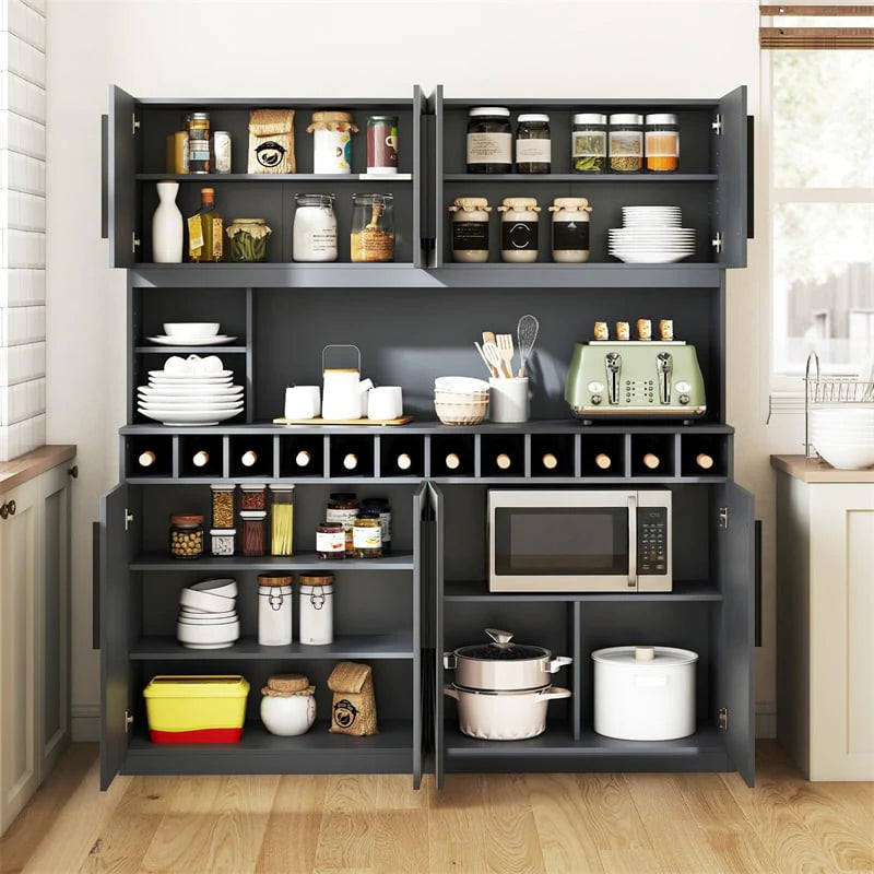 70" Farmhouse Pantry Cabinet, Kitchen Buffet Hutch with 12-Bottle Wine Rack, 8-Door Storage Cupboard, Large Countertop & Adjustable Shelves