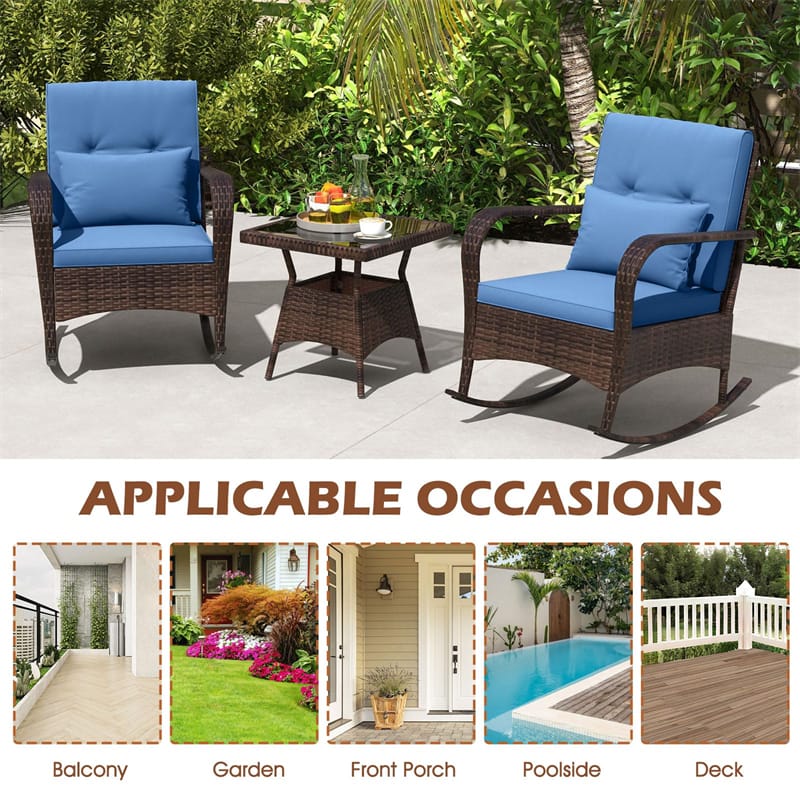 3-Piece Outdoor Wicker Rocking Chair Set, Rattan Bistro Rocker Furniture with Cushions & Pillows, Tempered Glass Coffee Table for Porch Balcony