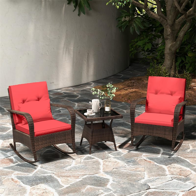 3-Piece Outdoor Wicker Rocking Chair Set, Rattan Bistro Rocker Furniture with Cushions & Pillows, Tempered Glass Coffee Table for Porch Balcony