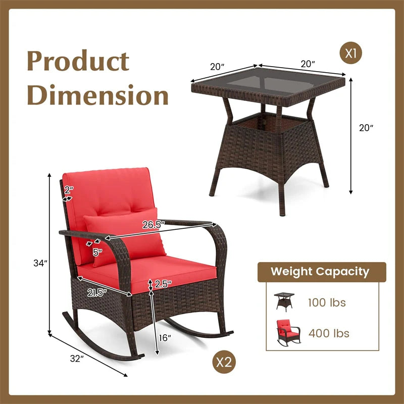 3-Piece Outdoor Wicker Rocking Chair Set, Rattan Bistro Rocker Furniture with Cushions & Pillows, Tempered Glass Coffee Table for Porch Balcony