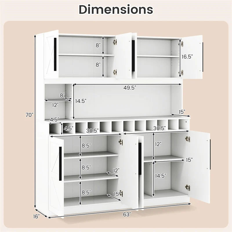 70" Farmhouse Pantry Cabinet, Kitchen Buffet Hutch with 12-Bottle Wine Rack, 8-Door Storage Cupboard, Large Countertop & Adjustable Shelves