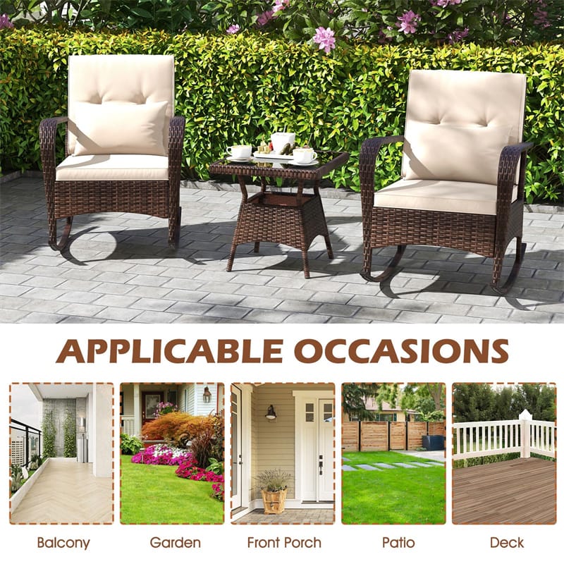 3-Piece Outdoor Wicker Rocking Chair Set, Rattan Bistro Rocker Furniture with Cushions & Pillows, Tempered Glass Coffee Table for Porch Balcony