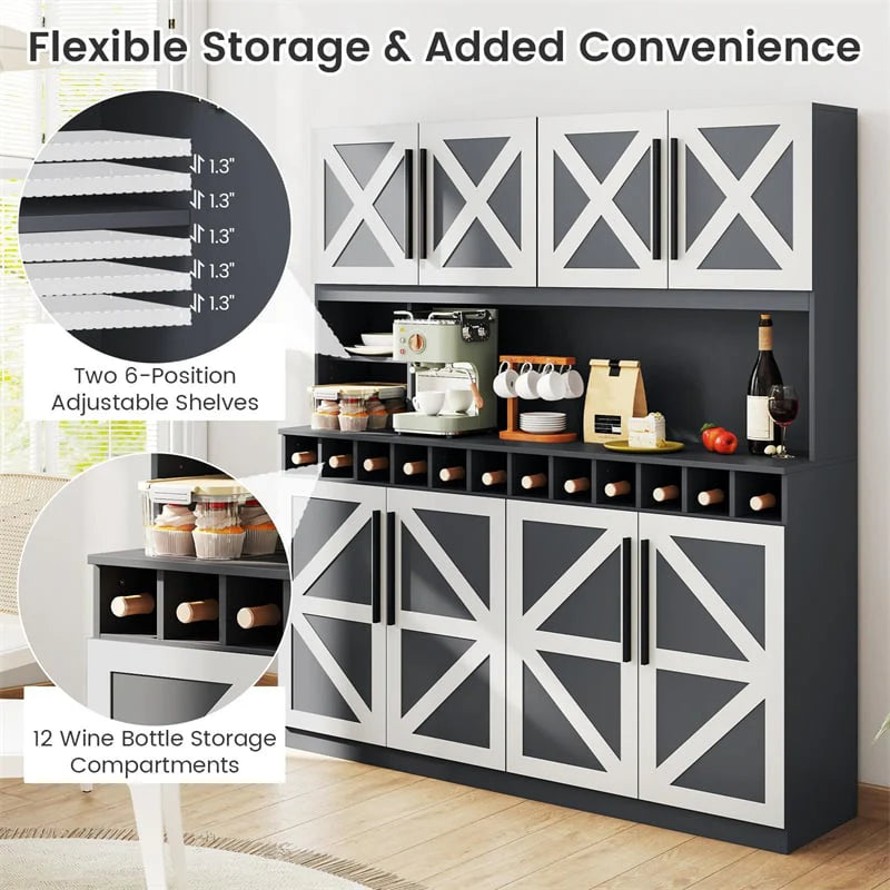 70" Farmhouse Pantry Cabinet, Kitchen Buffet Hutch with 12-Bottle Wine Rack, 8-Door Storage Cupboard, Large Countertop & Adjustable Shelves