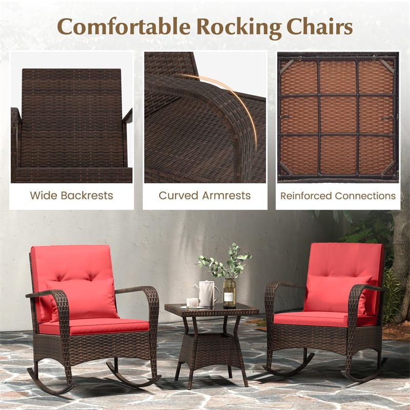 3-Piece Outdoor Wicker Rocking Chair Set, Rattan Bistro Rocker Furniture with Cushions & Pillows, Tempered Glass Coffee Table for Porch Balcony