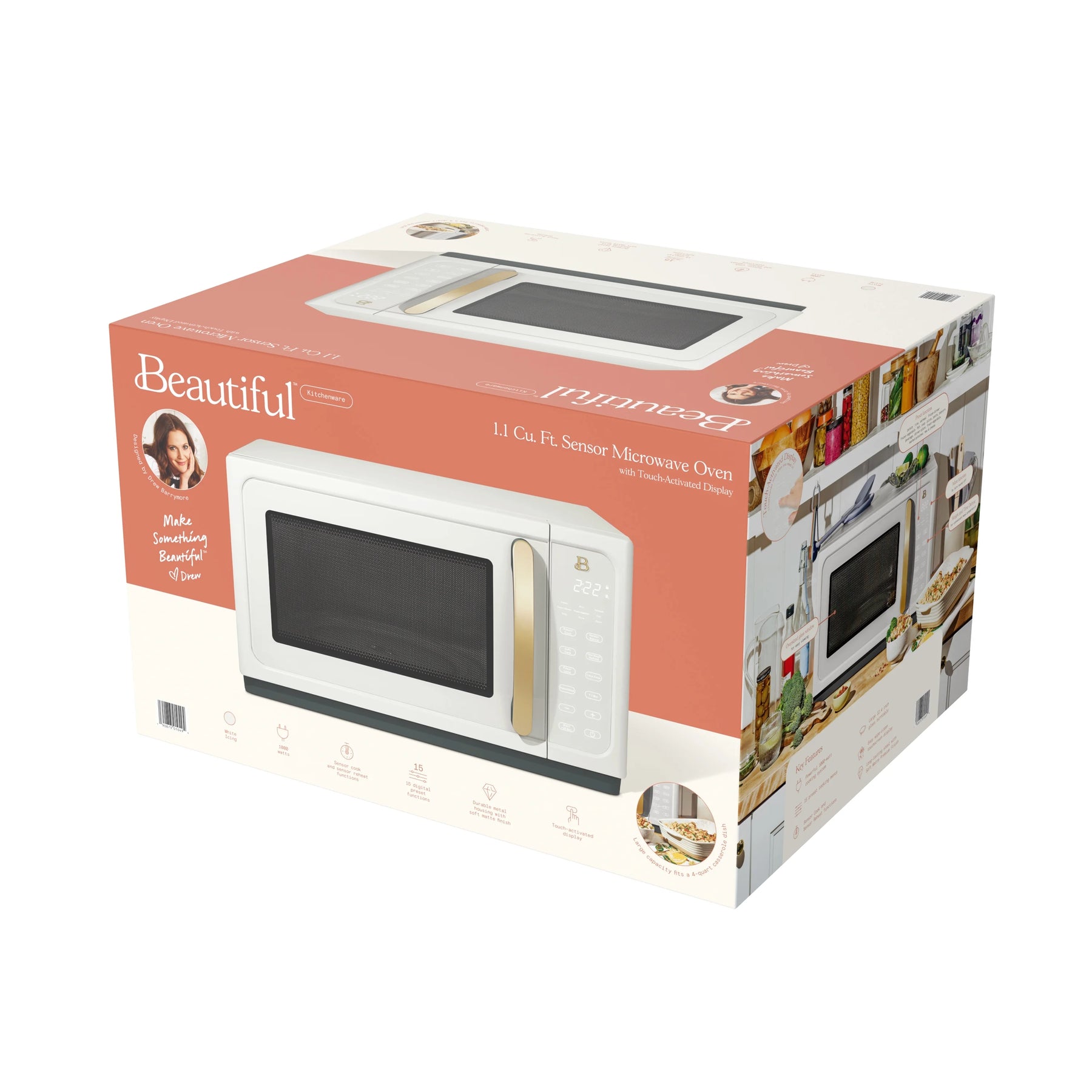 Beautiful 1.1 cu ft 1000 Watt, Sensor Microwave Oven, White Icing by Drew Barrymore, New