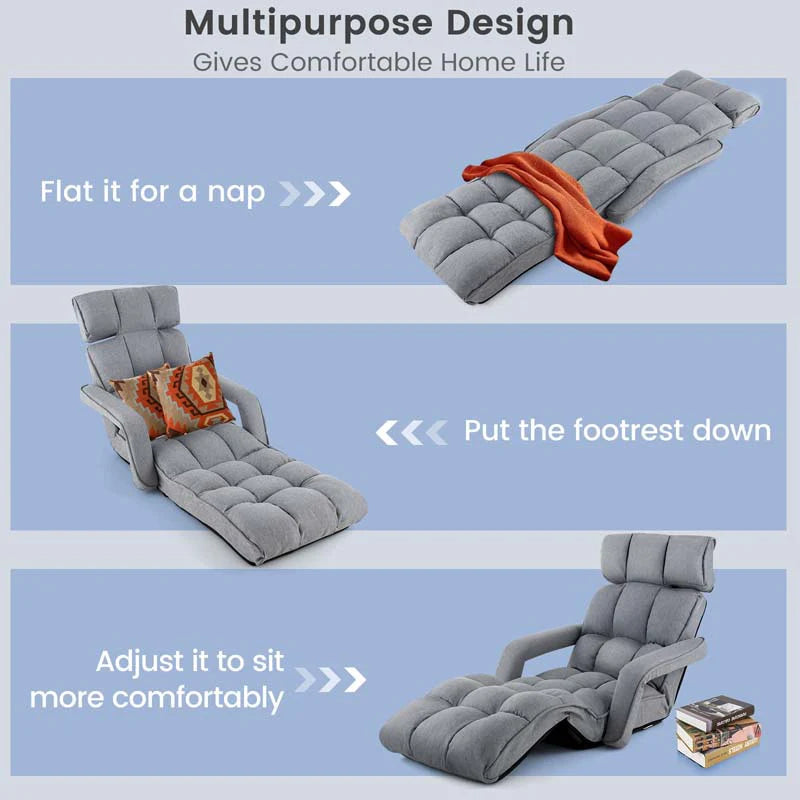 6-Position Adjustable Floor Sofa Bed, Folding Lazy Sofa Chaise Lounger Recliner with Armrests & Footrests for Living Room, Bedroom & Gaming
