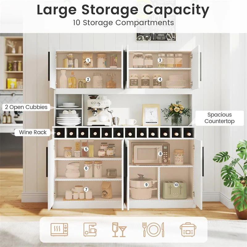 70" Farmhouse Pantry Cabinet, Kitchen Buffet Hutch with 12-Bottle Wine Rack, 8-Door Storage Cupboard, Large Countertop & Adjustable Shelves