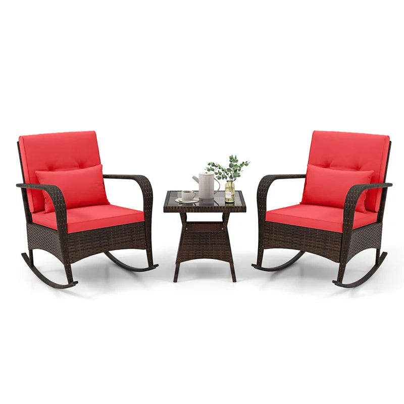 3-Piece Outdoor Wicker Rocking Chair Set, Rattan Bistro Rocker Furniture with Cushions & Pillows, Tempered Glass Coffee Table for Porch Balcony