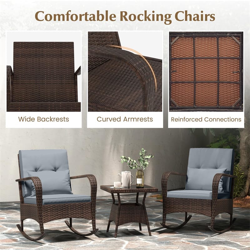 3-Piece Outdoor Wicker Rocking Chair Set, Rattan Bistro Rocker Furniture with Cushions & Pillows, Tempered Glass Coffee Table for Porch Balcony