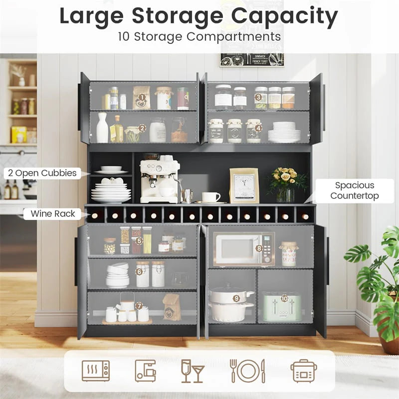 70" Farmhouse Pantry Cabinet, Kitchen Buffet Hutch with 12-Bottle Wine Rack, 8-Door Storage Cupboard, Large Countertop & Adjustable Shelves
