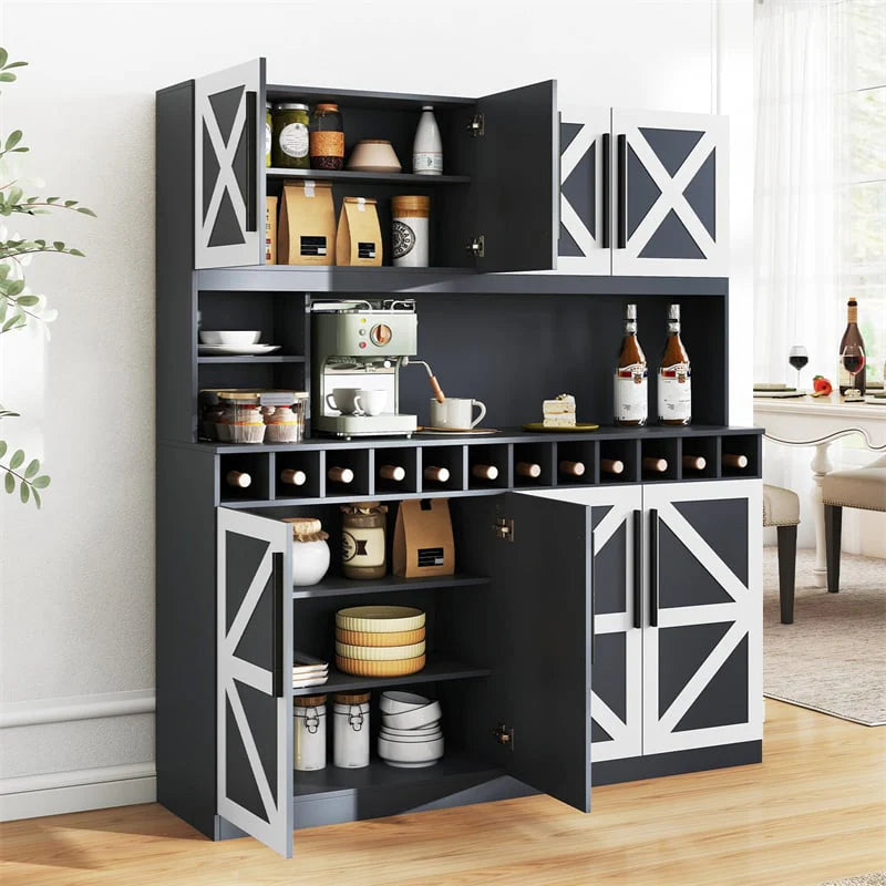 70" Farmhouse Pantry Cabinet, Kitchen Buffet Hutch with 12-Bottle Wine Rack, 8-Door Storage Cupboard, Large Countertop & Adjustable Shelves