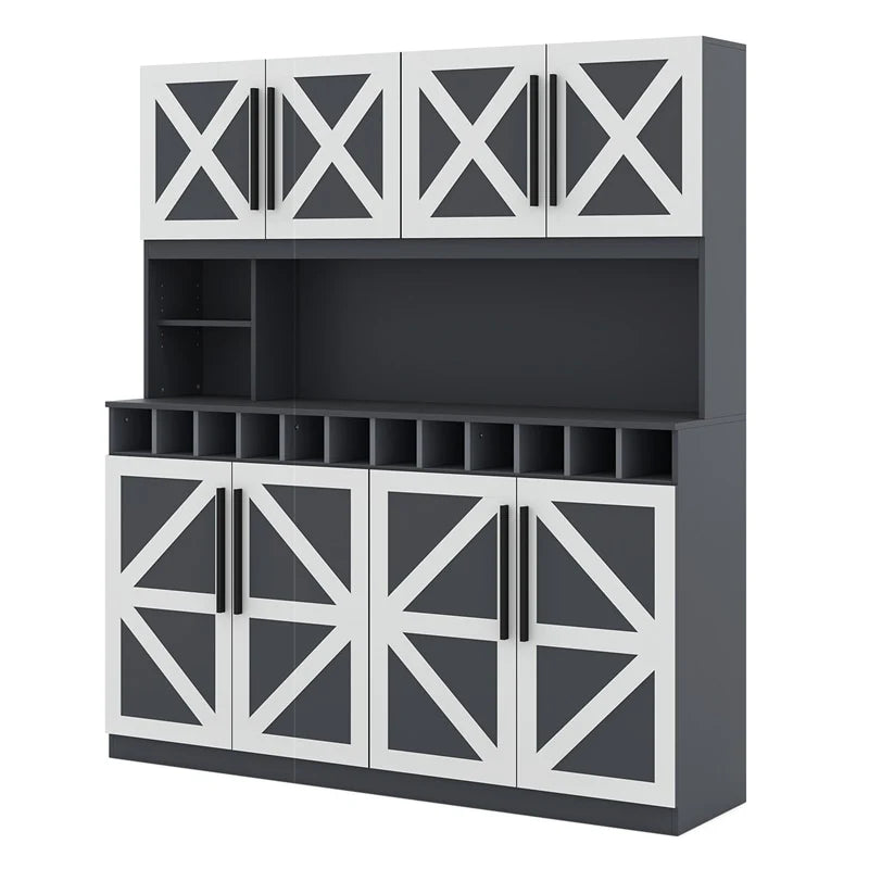 70" Farmhouse Pantry Cabinet, Kitchen Buffet Hutch with 12-Bottle Wine Rack, 8-Door Storage Cupboard, Large Countertop & Adjustable Shelves