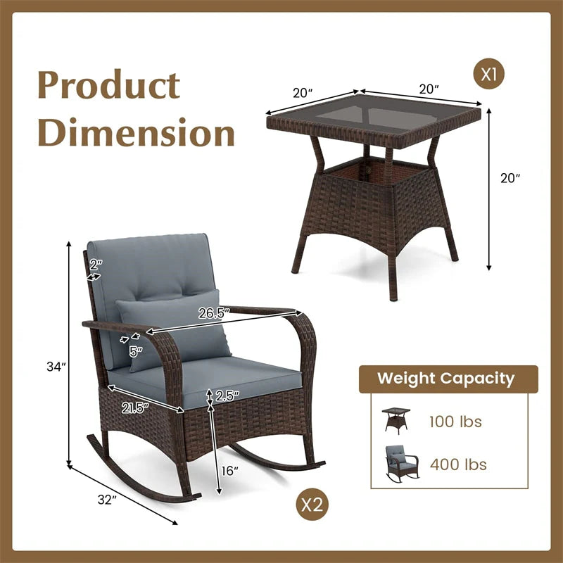 3-Piece Outdoor Wicker Rocking Chair Set, Rattan Bistro Rocker Furniture with Cushions & Pillows, Tempered Glass Coffee Table for Porch Balcony
