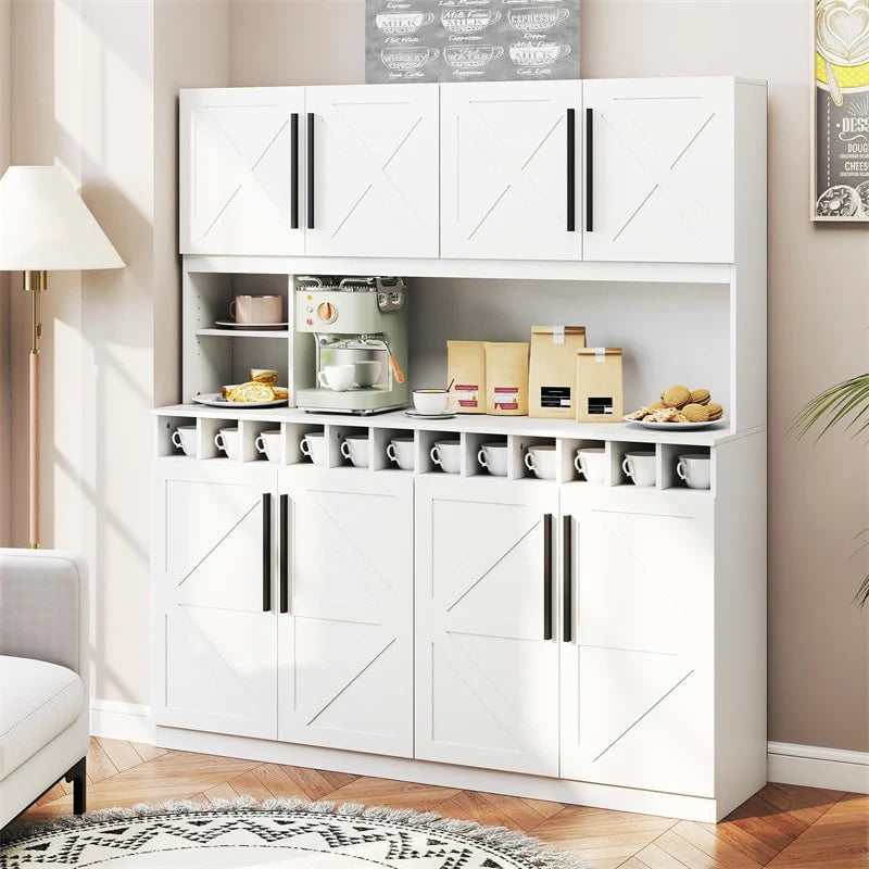 70" Farmhouse Pantry Cabinet, Kitchen Buffet Hutch with 12-Bottle Wine Rack, 8-Door Storage Cupboard, Large Countertop & Adjustable Shelves