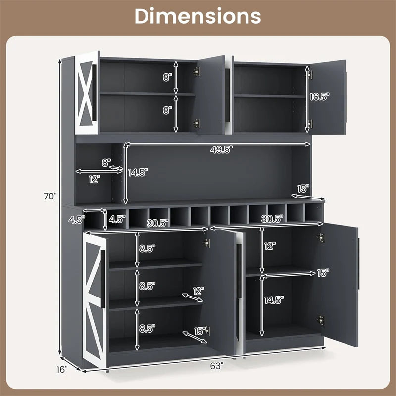 70" Farmhouse Pantry Cabinet, Kitchen Buffet Hutch with 12-Bottle Wine Rack, 8-Door Storage Cupboard, Large Countertop & Adjustable Shelves