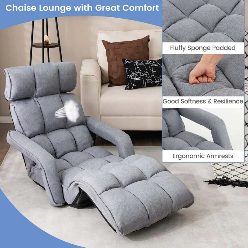 6-Position Adjustable Floor Sofa Bed, Folding Lazy Sofa Chaise Lounger Recliner with Armrests & Footrests for Living Room, Bedroom & Gaming