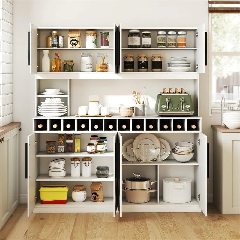 70" Farmhouse Pantry Cabinet, Kitchen Buffet Hutch with 12-Bottle Wine Rack, 8-Door Storage Cupboard, Large Countertop & Adjustable Shelves