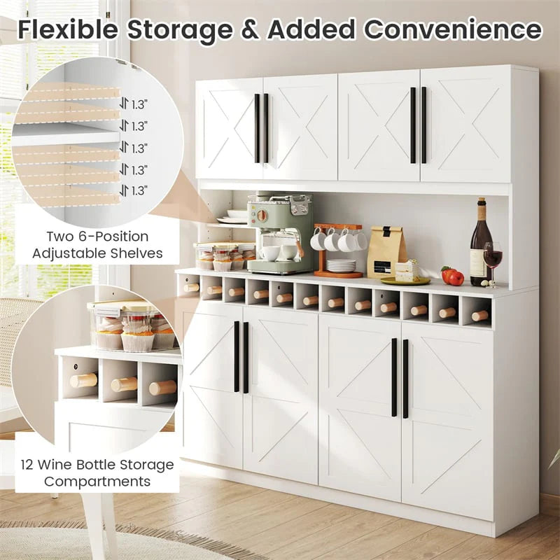 70" Farmhouse Pantry Cabinet, Kitchen Buffet Hutch with 12-Bottle Wine Rack, 8-Door Storage Cupboard, Large Countertop & Adjustable Shelves