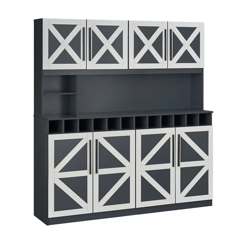 70" Farmhouse Pantry Cabinet, Kitchen Buffet Hutch with 12-Bottle Wine Rack, 8-Door Storage Cupboard, Large Countertop & Adjustable Shelves