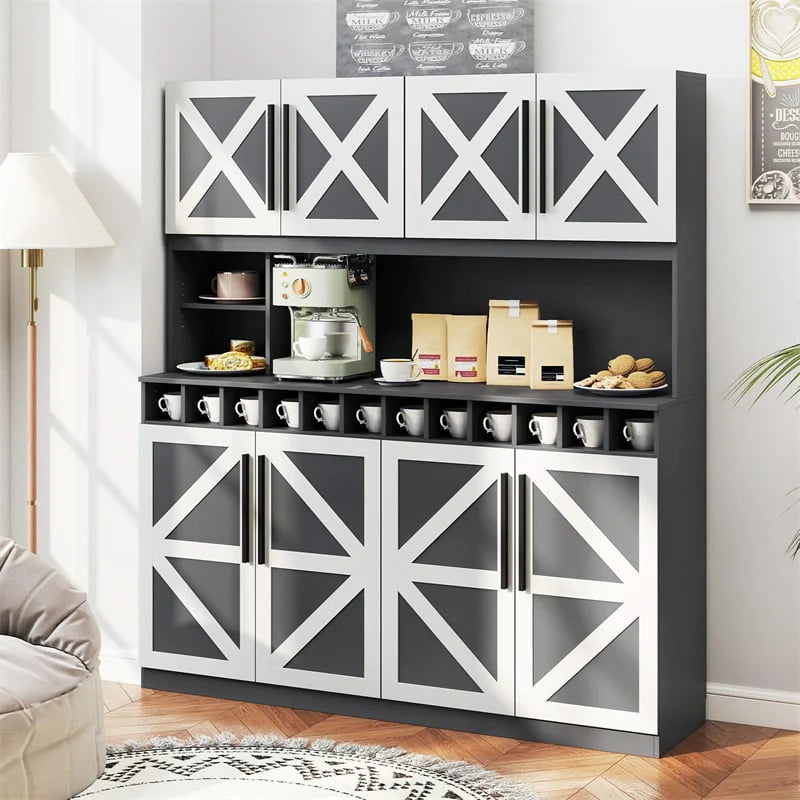 70" Farmhouse Pantry Cabinet, Kitchen Buffet Hutch with 12-Bottle Wine Rack, 8-Door Storage Cupboard, Large Countertop & Adjustable Shelves