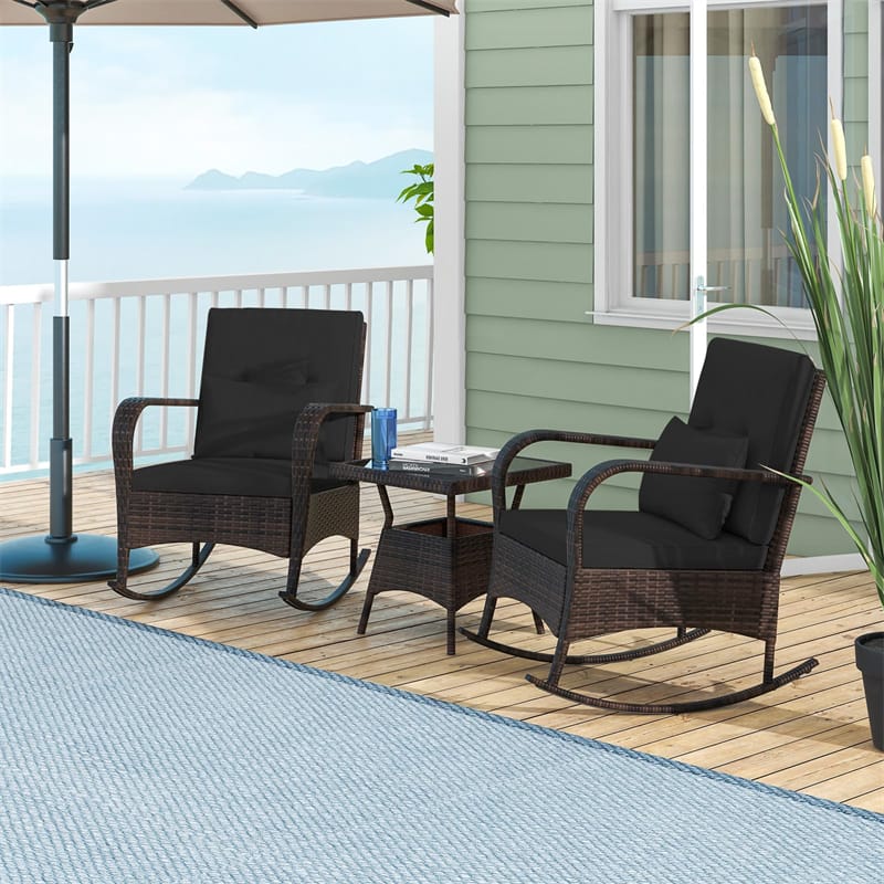 3-Piece Outdoor Wicker Rocking Chair Set, Rattan Bistro Rocker Furniture with Cushions & Pillows, Tempered Glass Coffee Table for Porch Balcony