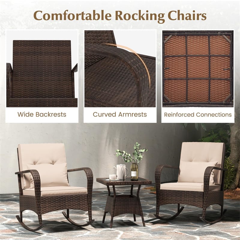 3-Piece Outdoor Wicker Rocking Chair Set, Rattan Bistro Rocker Furniture with Cushions & Pillows, Tempered Glass Coffee Table for Porch Balcony